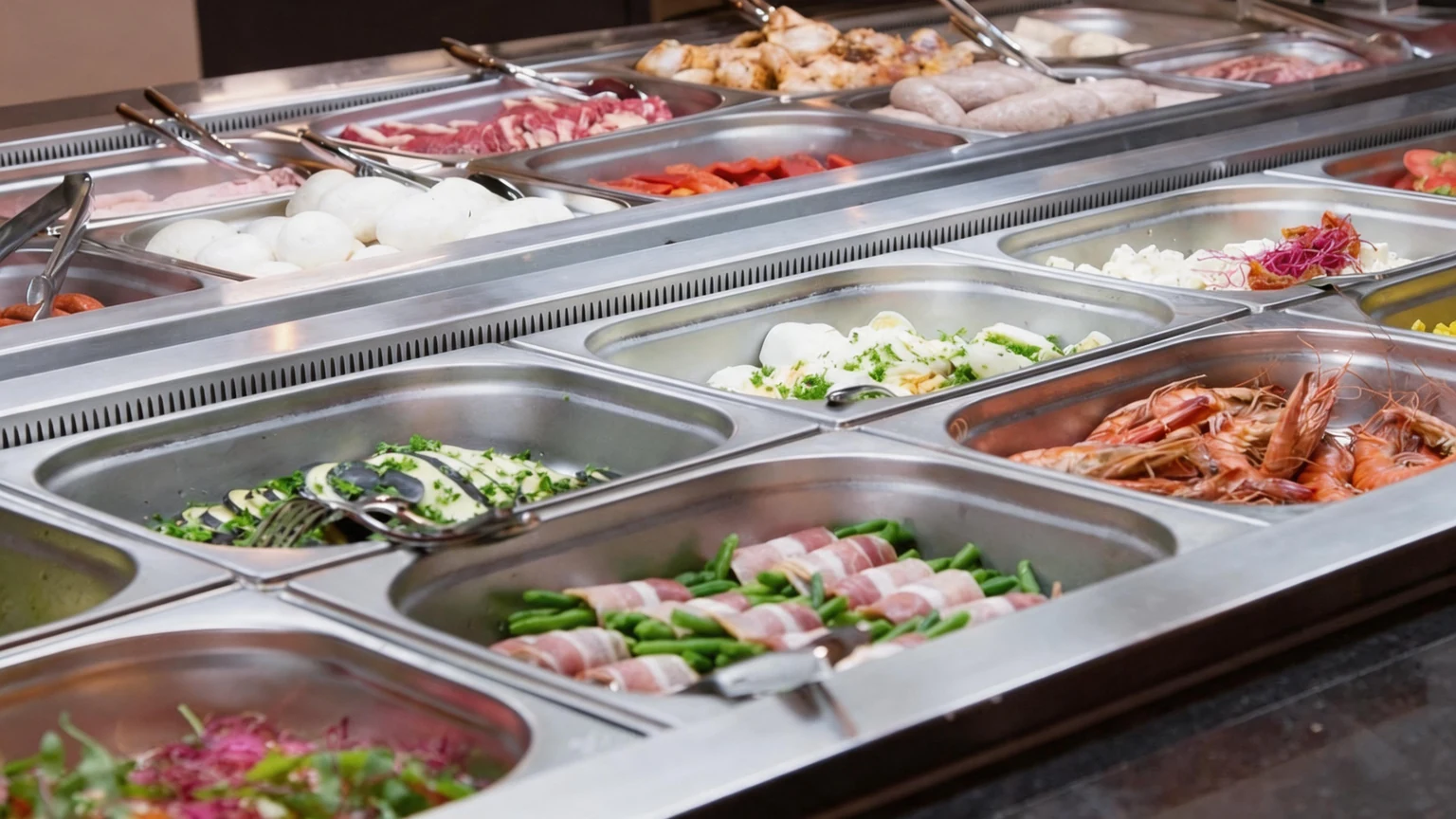 Un buffet en inox garni de bacs alignés : haricots verts roulés au bacon, œufs à la persillade, crevettes et viandes crues à griller.